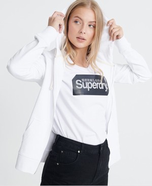 Superdry Organic Cotton Standard Label Loopback Cipzár Női Kapucnis Pulóver Fehér | JYPNL1673